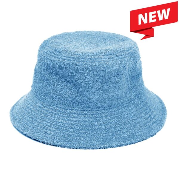 A light blue terry towelling bucket hat with a wide brim and a logo.