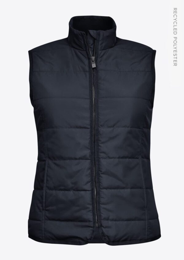 A navy blue insulated vest with a zip front and a high collar, made from recycled polyester.