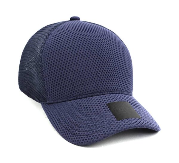 A navy nylon/mesh cap with a textured surface and a logo on the front.