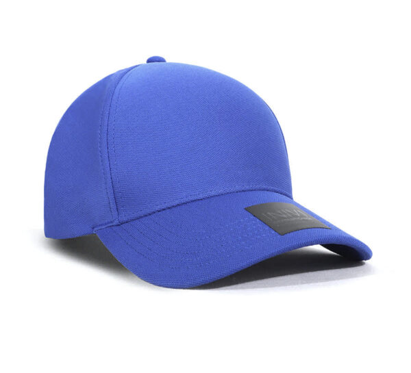 A blue cap made from 100% polyester fabric, featuring a sleek design and a logo on the front.