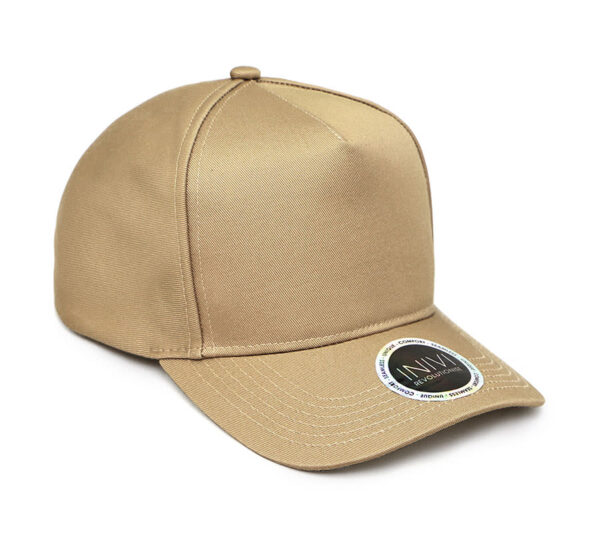 A tan polycotton cap with a flat peak and a branding logo on the front.