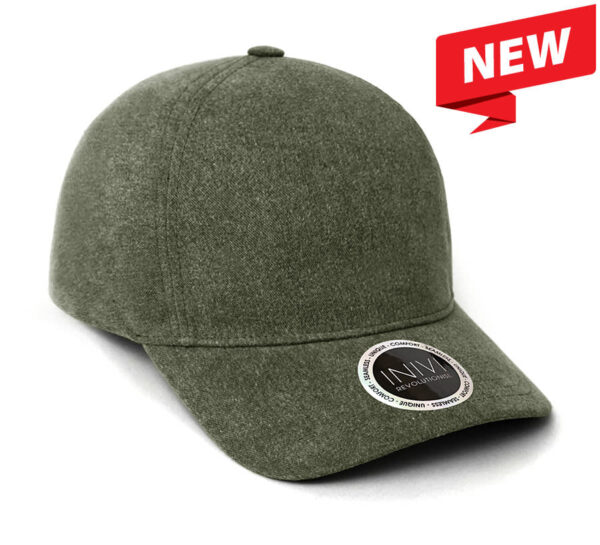 An olive green unstructured cap featuring a circular logo on the side.