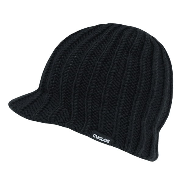 A black beanie with a ribbed knit pattern and a logo on the side.