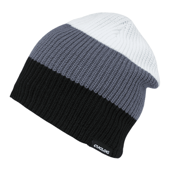 A beanie featuring grey, white, and black stripes with a small logo.