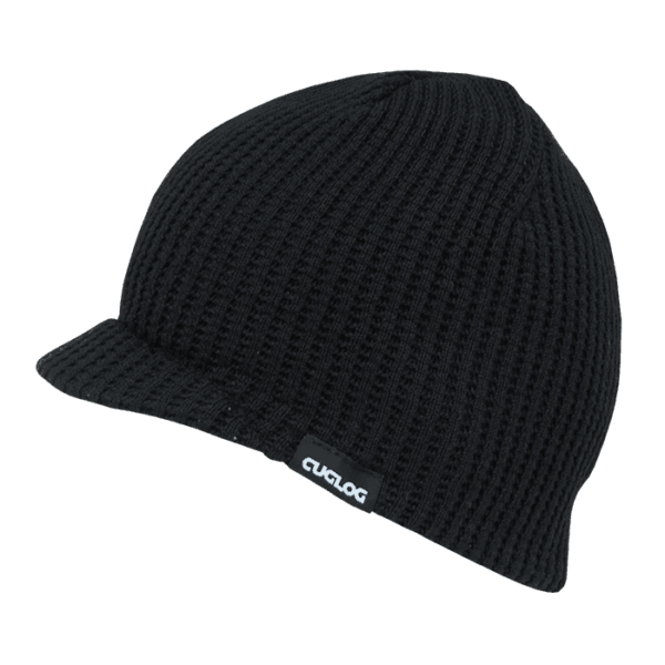 A black beanie featuring a ribbed texture and a small logo on the side.