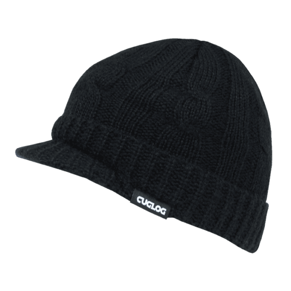 A black knitted beanie with a ribbed band and a branded label. The beanie features a patterned texture.