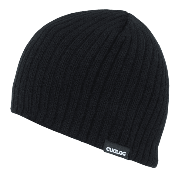 A black ribbed beanie with a logo tag on the side.