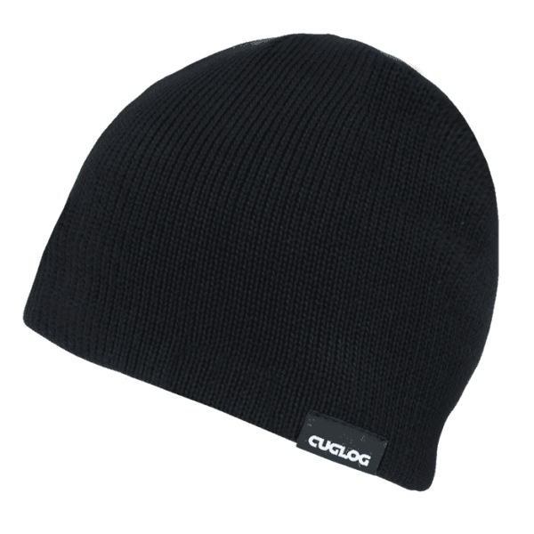 A black beanie with a ribbed texture and a small logo tag.