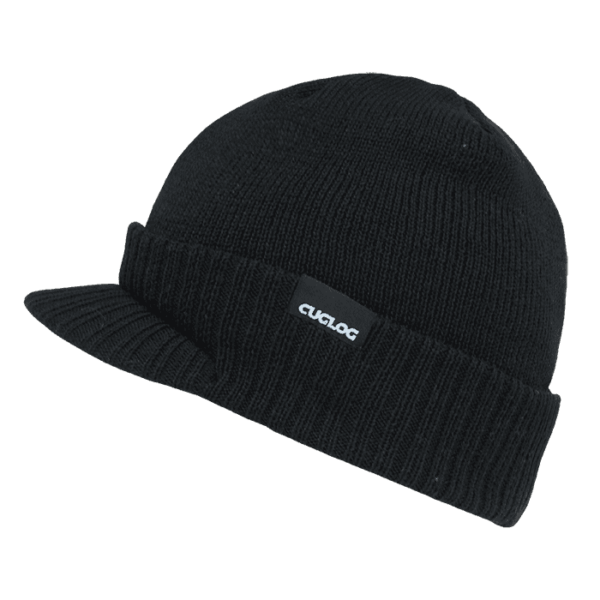 A black beanie with a folded brim and a small logo tag on the side.