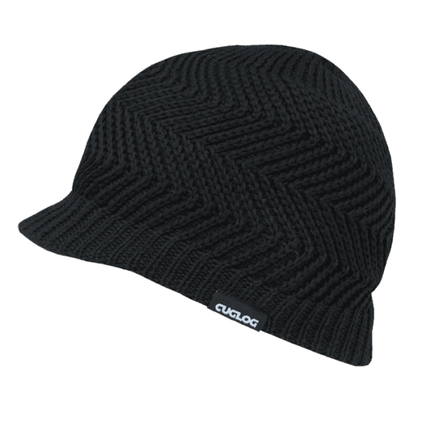 A black beanie with a textured zigzag pattern and a small logo label on the side.