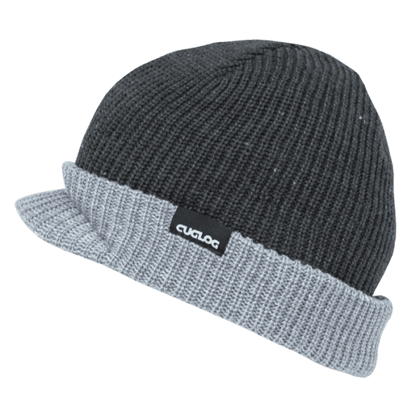 A grey and charcoal beanie with a folded edge and a logo tag.