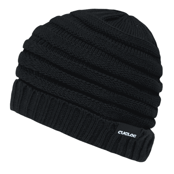 A black beanie with a ribbed texture and a small logo, designed for warmth and style.
