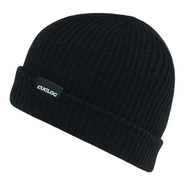 A black knitted beanie with a folded brim and a logo tag.