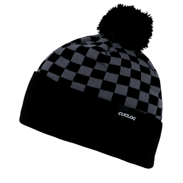 A black and grey checkered beanie with a pom-pom on top and a brand logo on the side.