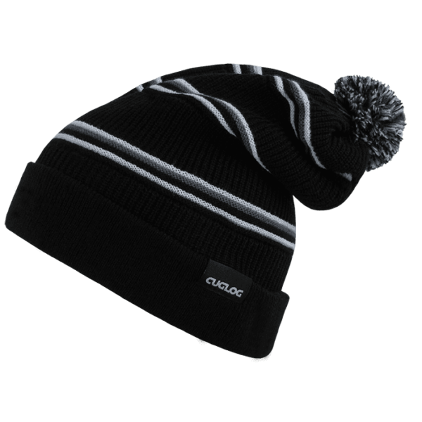 A black beanie with grey stripes and a pom-pom on top, featuring a logo on the side.