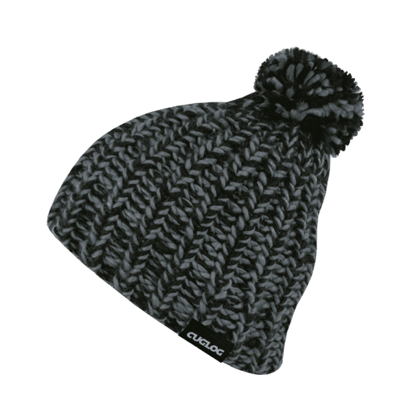 A knitted beanie in black and grey with a pom-pom on top, featuring a branded label.