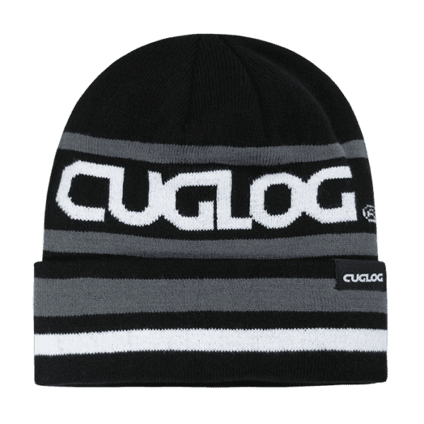 A black and grey beanie featuring a striped design and a logo on the front.