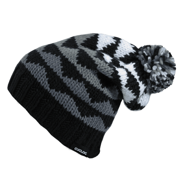 A black and grey knitted beanie with a pom-pom on top and a branding logo.