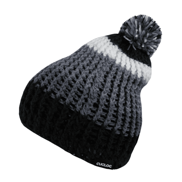 A beanie in shades of grey with a pom-pom on top, featuring a logo on the side.