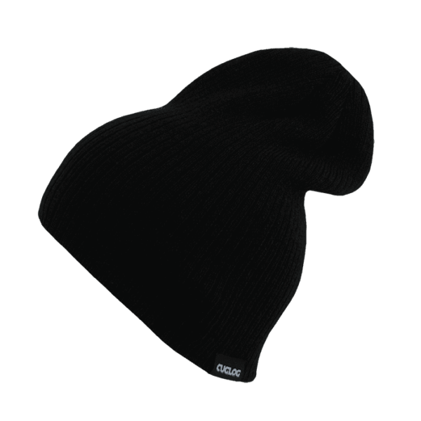 A black beanie with a ribbed texture and a small branding label.