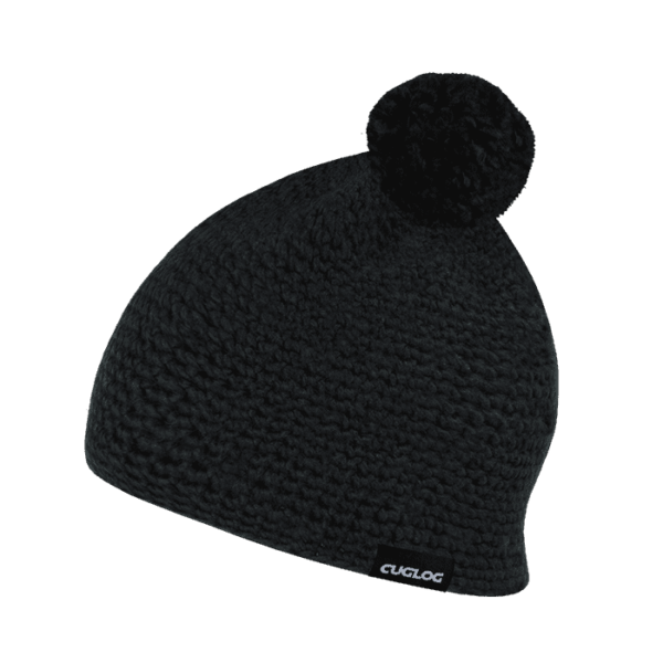 A black beanie with a textured knit design and a pom-pom on top, featuring a small logo patch.
