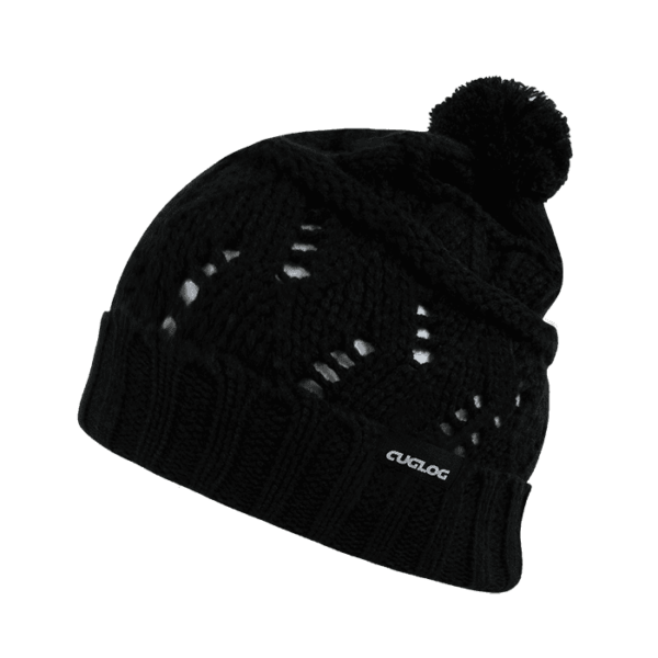 A black beanie with a textured pattern and a pom-pom on top, featuring a logo.