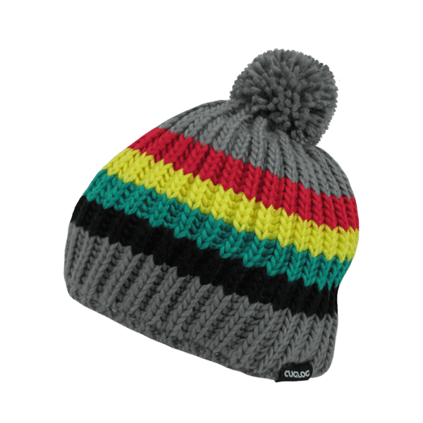 A multi-coloured beanie featuring grey, red, yellow, green, and black stripes, topped with a pom-pom and a branding label.