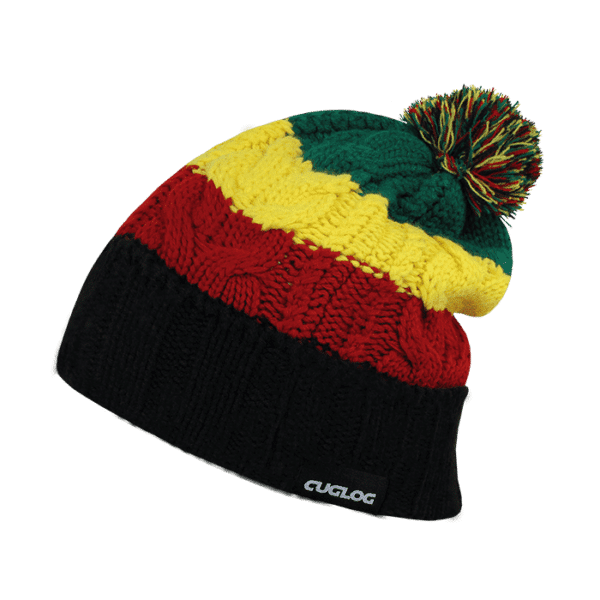 A beanie featuring a red, yellow, green, and black design with a pom-pom on top and a logo.