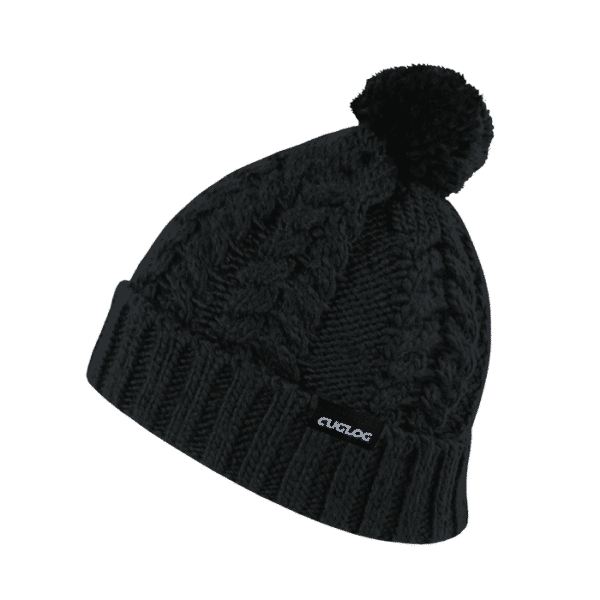 A black beanie with a textured knit and pom-pom on top, featuring a label.