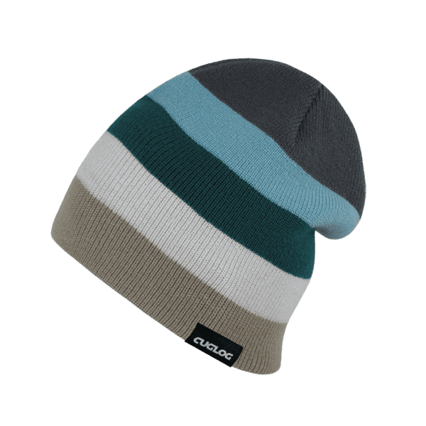 A beanie featuring grey, blue, teal, white, and tan stripes with a small logo tag.