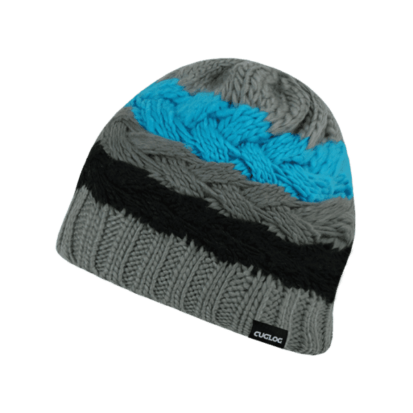 A grey beanie with a textured design featuring blue and black stripes, along with a logo.