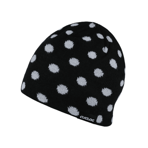 A black and white polka dot beanie with a logo at the hem. Ideal for keeping warm in style.