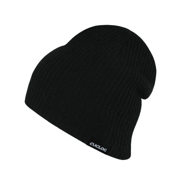 A black beanie with a ribbed texture and a small logo on the side.
