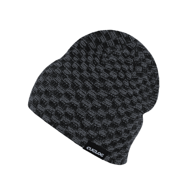 A dark grey knitted beanie with a textured design and a small logo on the side.