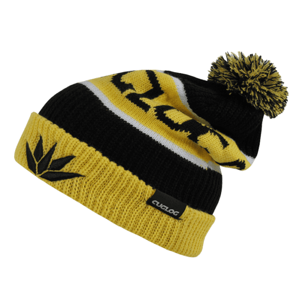 A black and yellow beanie with a pom-pom on top and a brand logo. Features a patterned design and embroidered detail.