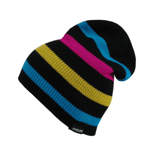 A black beanie featuring bold stripes in pink, blue, and yellow, with a logo on the side.