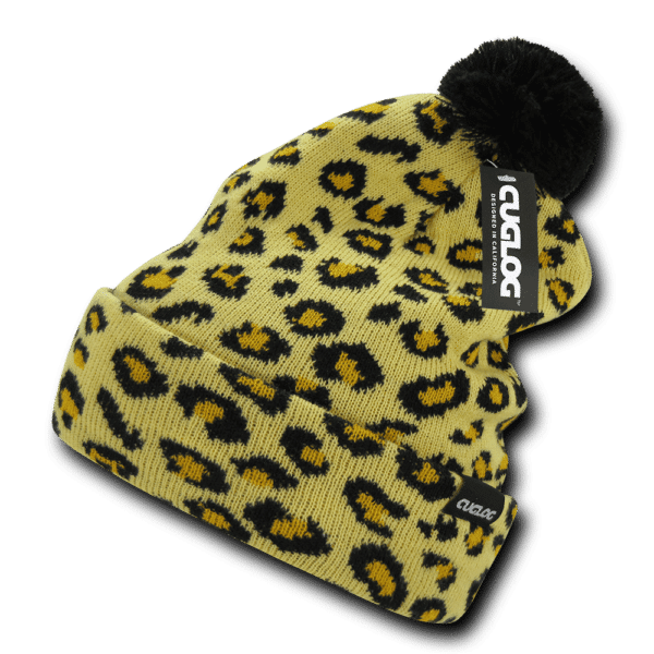A yellow beanie with a black leopard print pattern and a black pom-pom on top, featuring a logo.