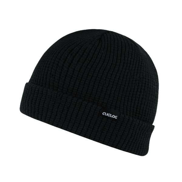 A black beanie with a ribbed texture and a small logo.