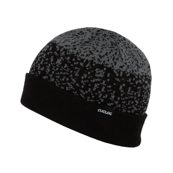 A grey and black knitted beanie with a folded edge and a logo on the side.