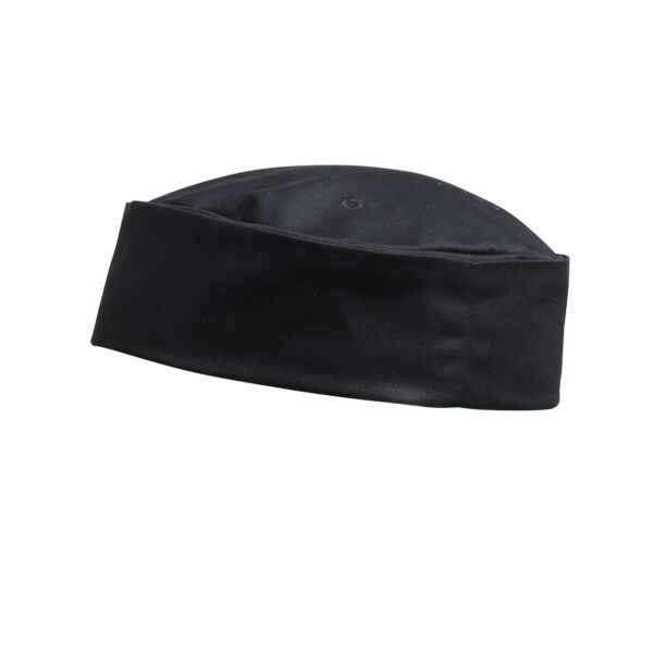 A black turn-up chef's hat with a simple design and a branding logo.