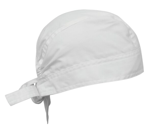 A chef's zandana in white fabric, featuring a tied back design and a smooth finish.