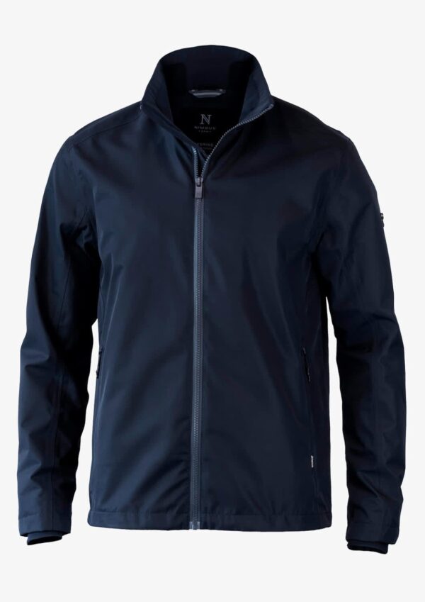 A navy blue jacket with a collar and zip closure, featuring side pockets and a logo on the sleeve.