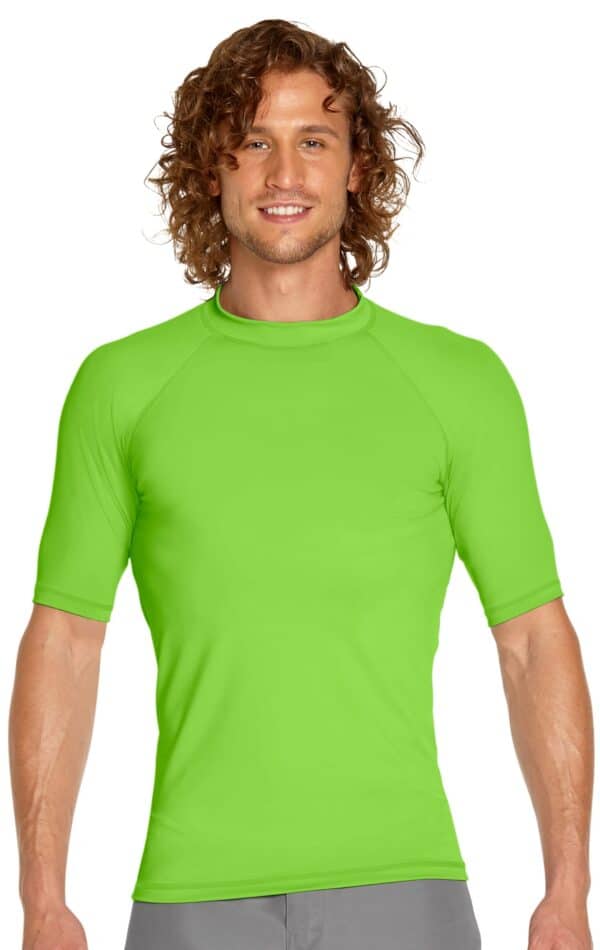 A green short sleeve rash guard featuring a fitted design and a logo on the chest.