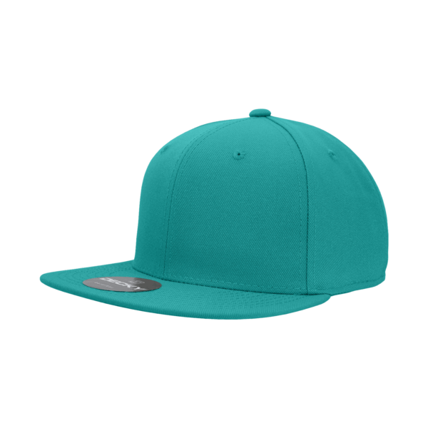 A fitted cap in vibrant teal with a structured six-panel design and a flat brim, featuring a logo.
