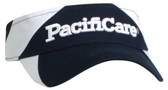 A navy and white visor featuring a logo on the front. Suitable for headwear and outdoor activities.