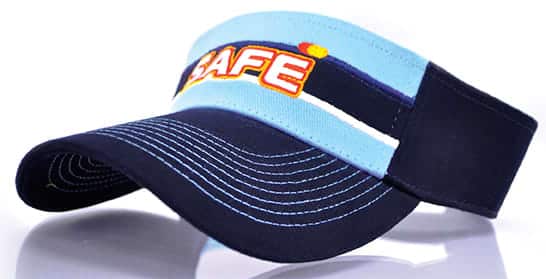 A navy blue and sky blue visor featuring a logo and contrasting stitching. Suitable for headwear.