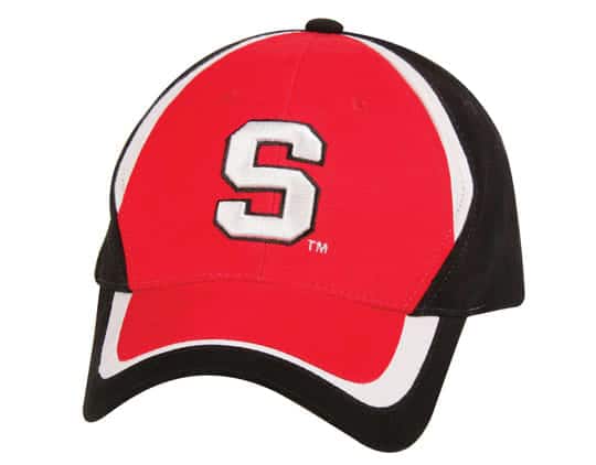 A red and black cap featuring an embroidered letter 'S' and a logo.