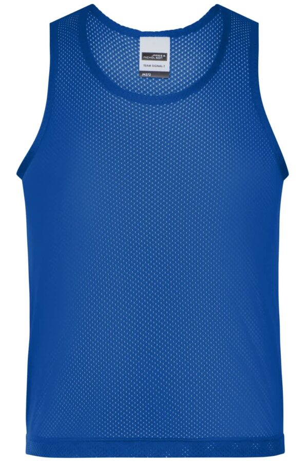 A blue mesh tank top featuring a round neck and a label inside. It has a logo on the front.