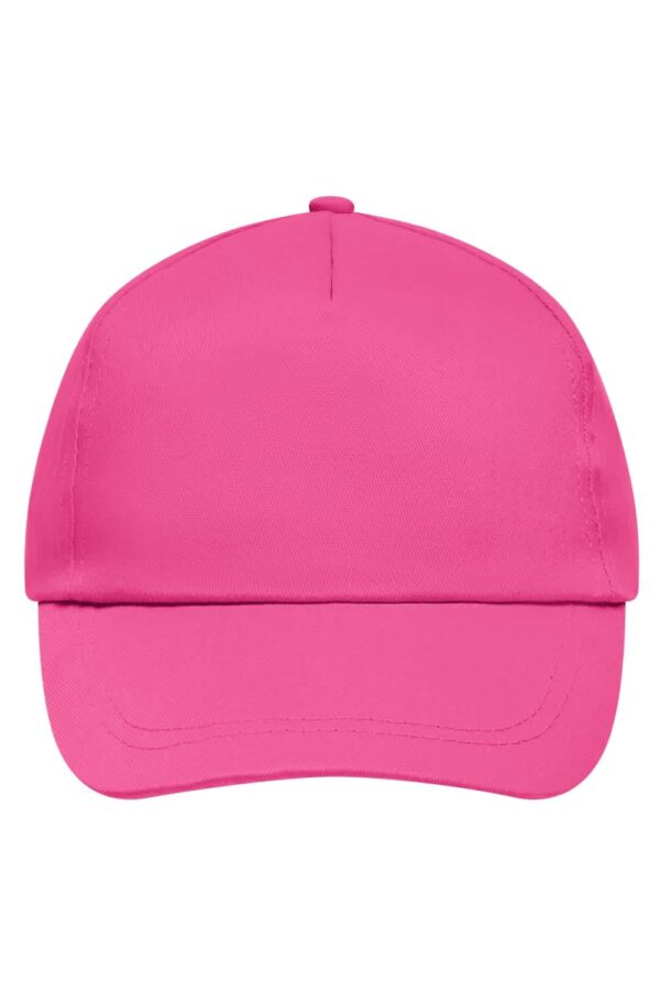 A pink 5 panel promotional cap with a smooth finish and a small branding logo on the front.