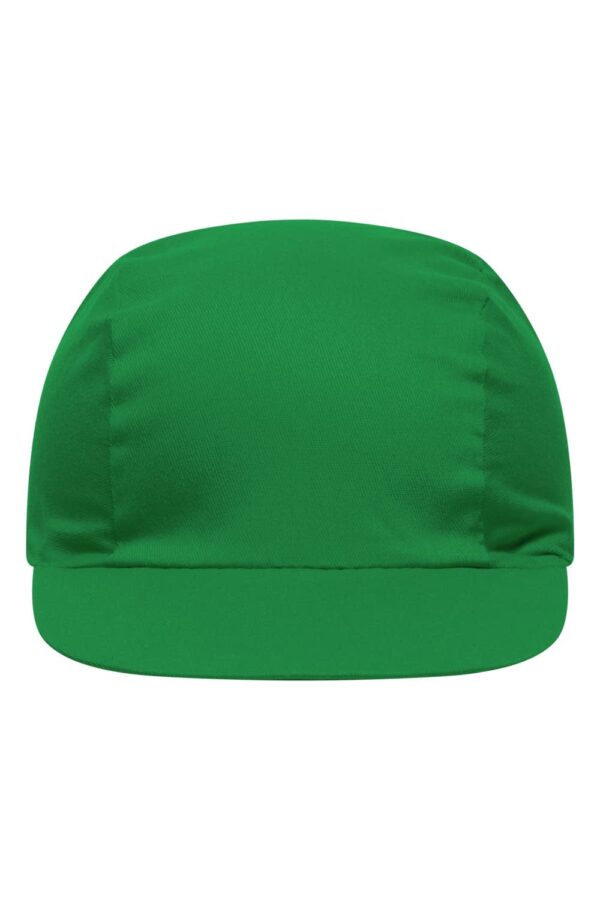 A green 3-panel cap featuring a flat peak and a logo on the front.